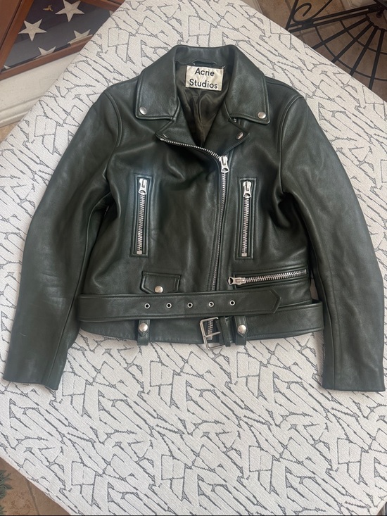 Acne Studios Jackets & Blazers - Acne Dark Green Leather Biker Jacket with Silver Hardware
